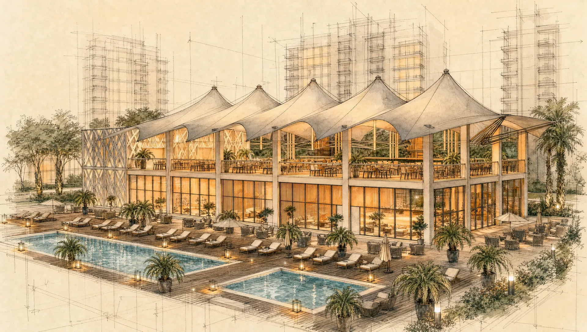 Hand-drawn concept sketch of the Rait clubhouse on tracing paper