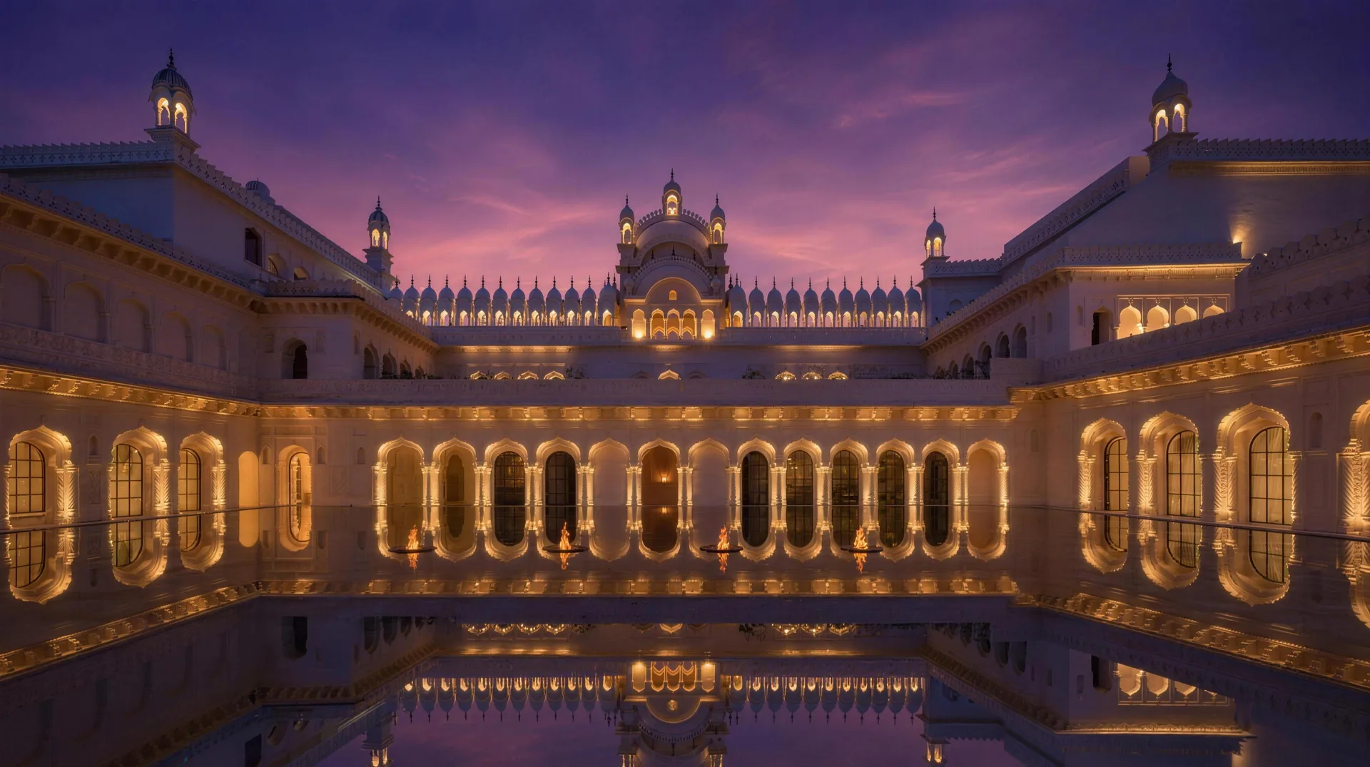The Oberoi Rajgarh palace courtyard at dusk – every arch, dome and reflection lit by GA